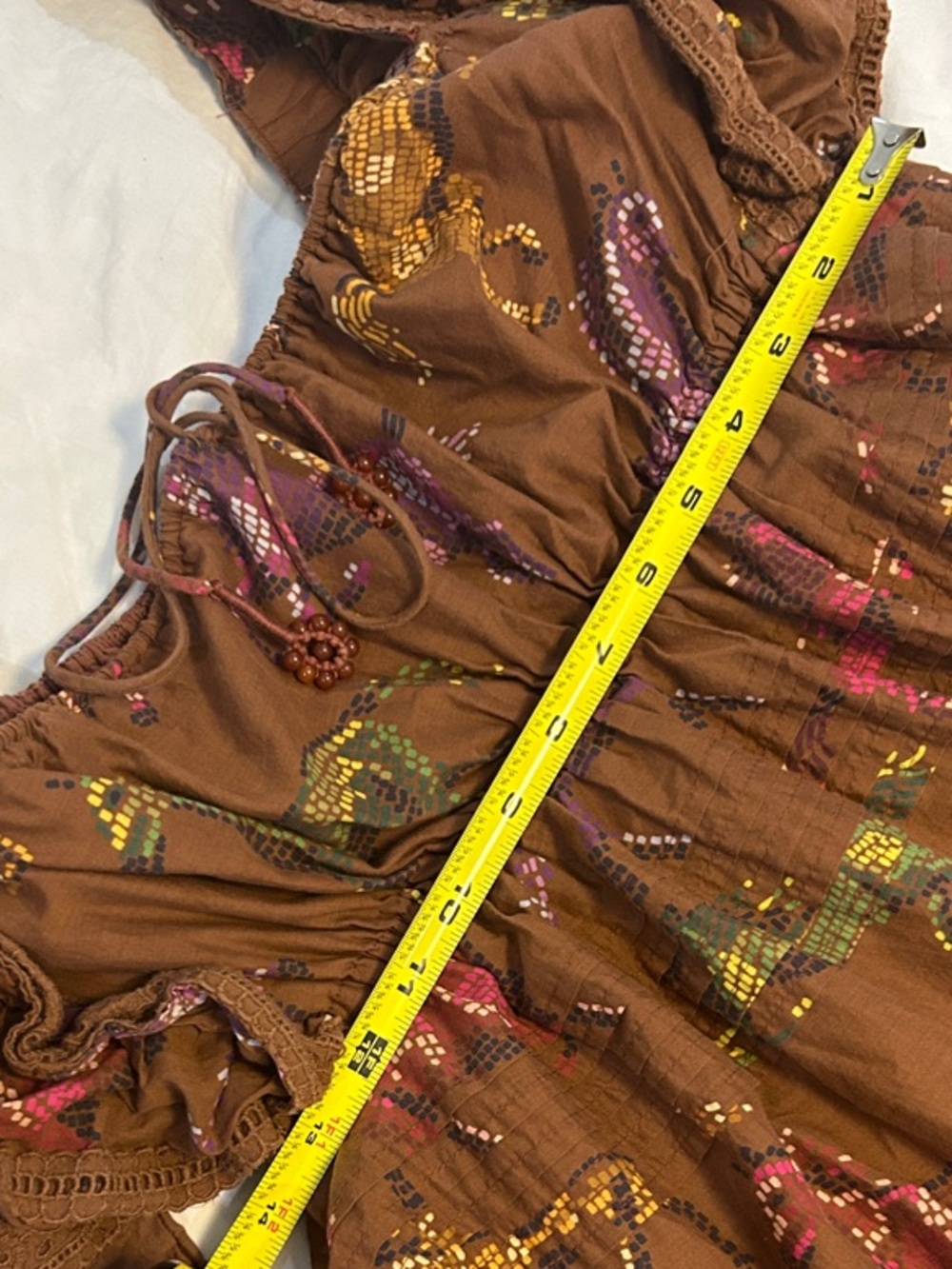 FARM Rio Brown Dotted Horses Ruffled Maxi Dress with Square Neckline. Size S - Picture 5 of 16
